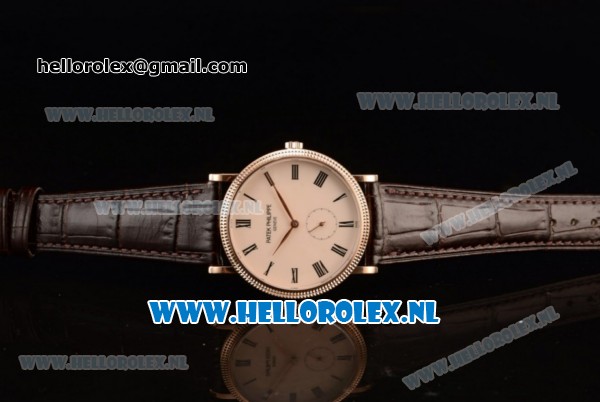 Patek Philippe Calatrava Small Seconds Miyota 9015 Automatic Rose Gold Case with Beige Dial Roman Numberal Markers and Brown Genuine Leather Strap (GF) - Click Image to Close